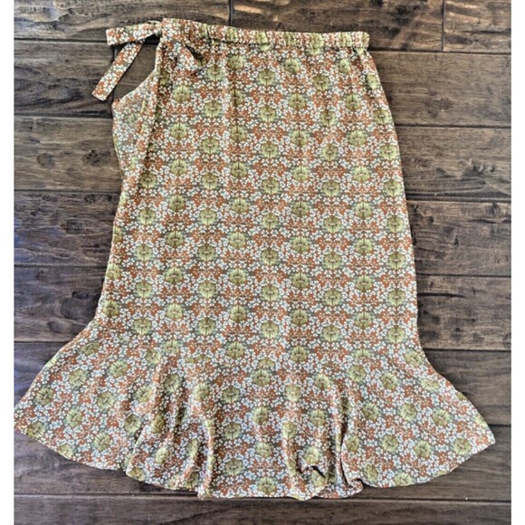 Max Studio Skirt Womens Large Orange Floral Midi Faux Wrap Hi Lo Ruffle Hem Boho - Picture 2 of 7